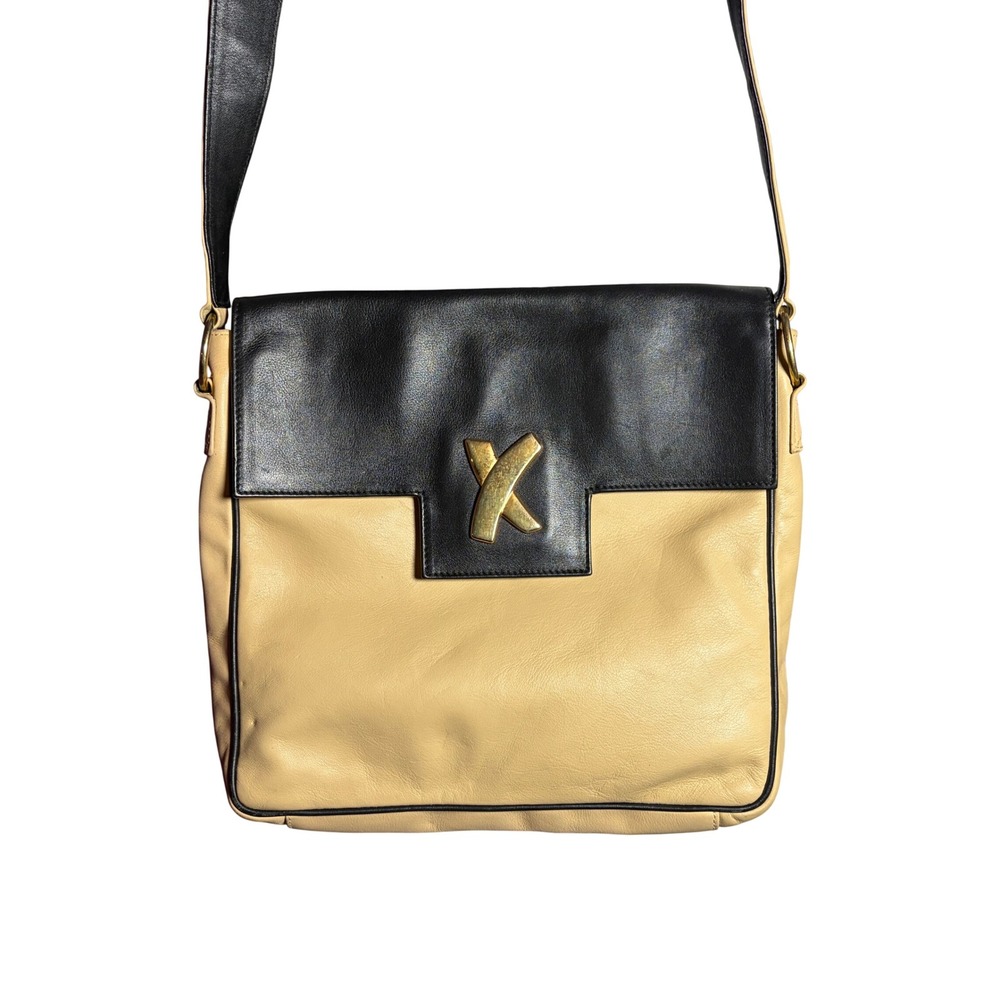 Vtg 90s Paloma Picasso Black Cream Leather‎ Shoulder Bag Crossbody Made in Italy